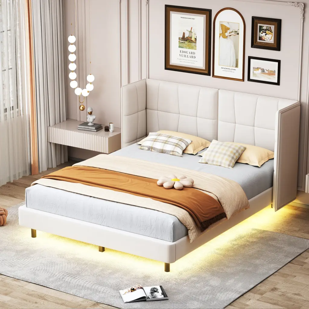 Queen Size Upholstered Platform Bed LED Lights and U Influenced Headboard lucky world