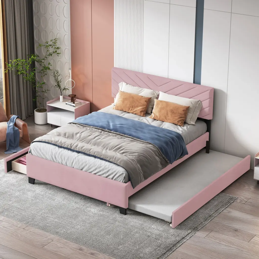 Queen Size Upholstered Platform Bed Twill Headboard and Pullout Bed lucky world