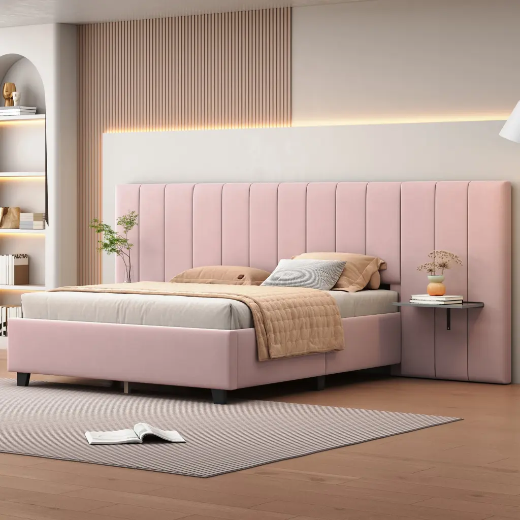 Queen Upholstered Platform Bed Big Headboard Modern Bedroom Furniture lucky world