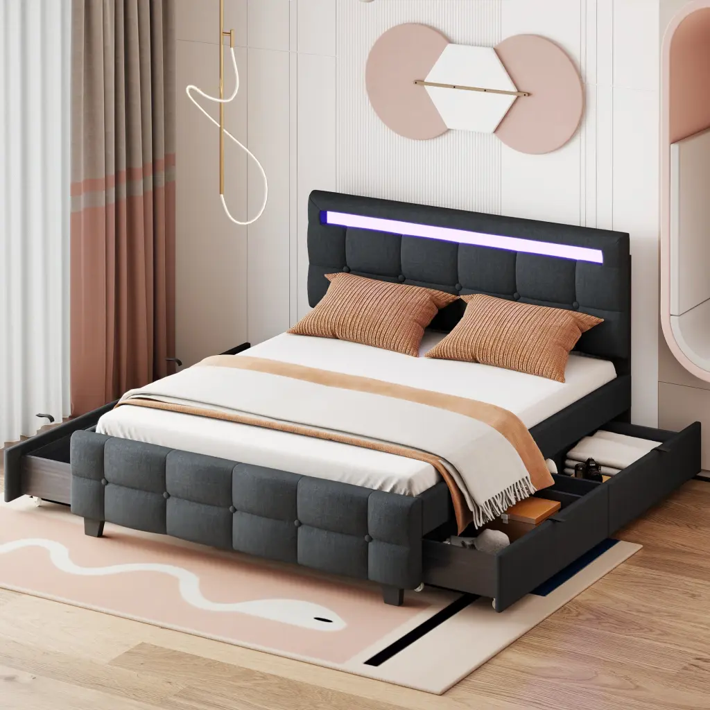 Queen Upholstered Platform Bed LED Frame and 4 Drawers Modern Bedroom Furniture lucky world