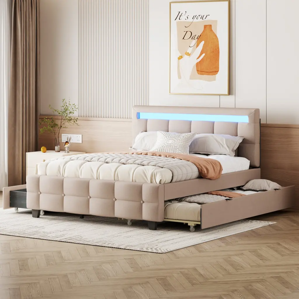 Queen Upholstered Platform Bed LED Frame Twin XL Dimensions lucky world