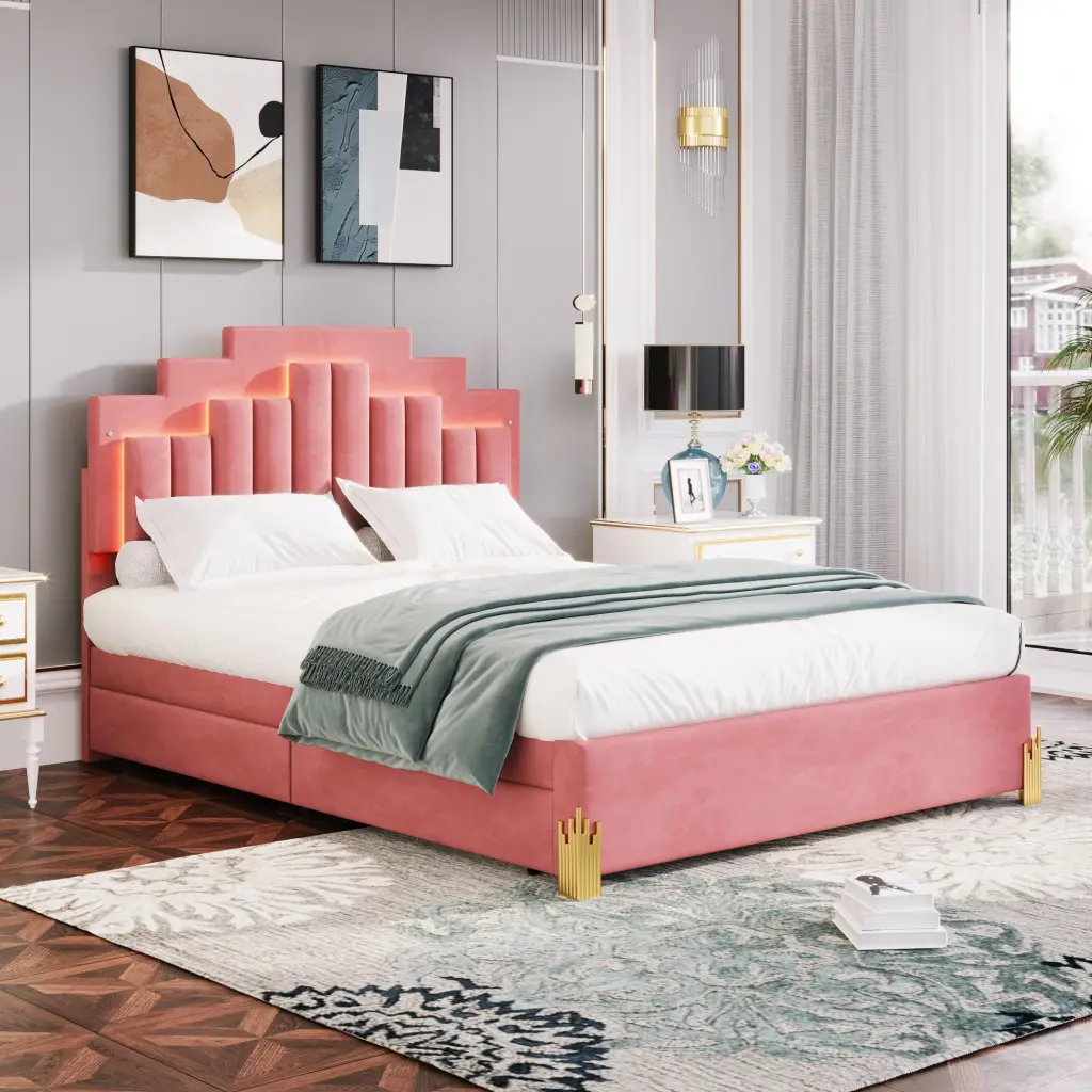 Queen Upholstered Platform Bed LED Lights And 4 Drawers Stylish Modern Bed Frame lucky world