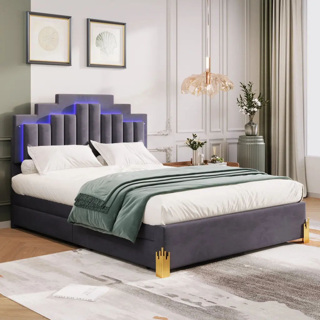 Queen Upholstered Platform Bed LED Lights and 4 Drawers Stylish Modern Bed Frame lucky world