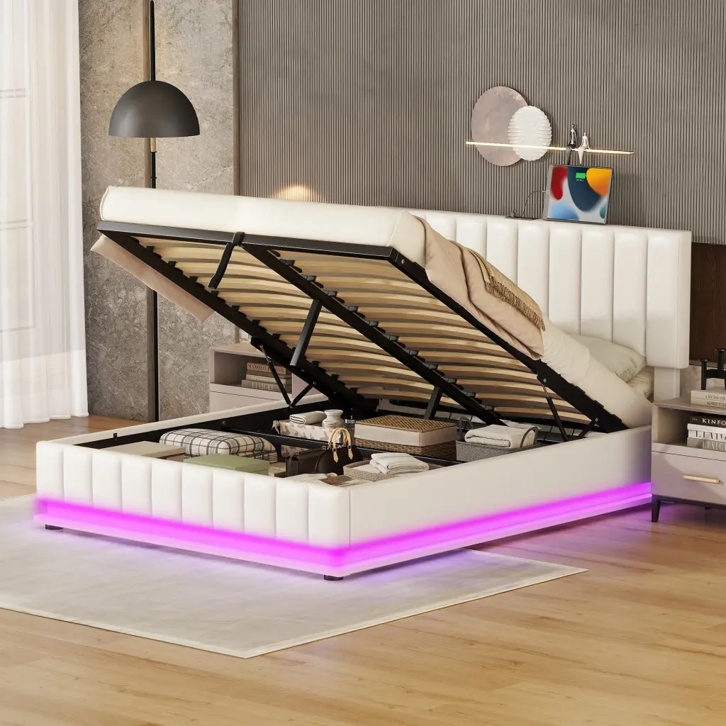 Queen Upholstered Storage Bed Hydraulic Lift and LED Lighting lucky world
