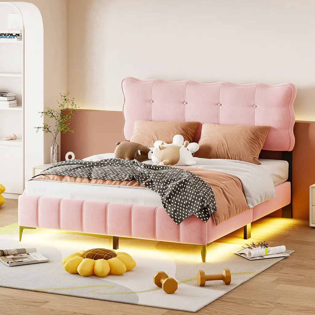 Queen Velvet Platform Bed LED Frame and Chic Metal Bed Luxury Bedroom Furniture lucky world