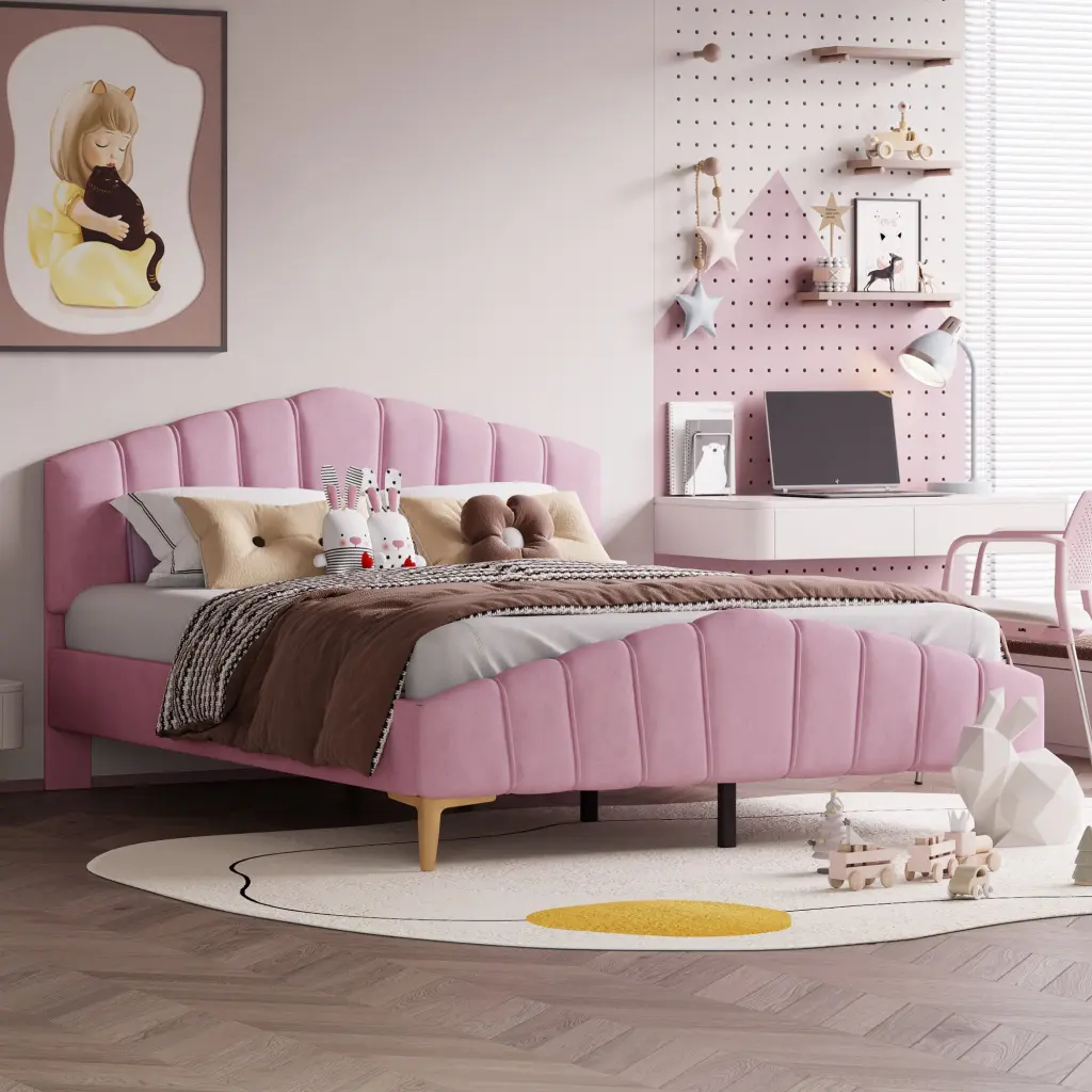 Queen Velvet Platform Bed Thick Material and Chic Stripe Decor lucky world
