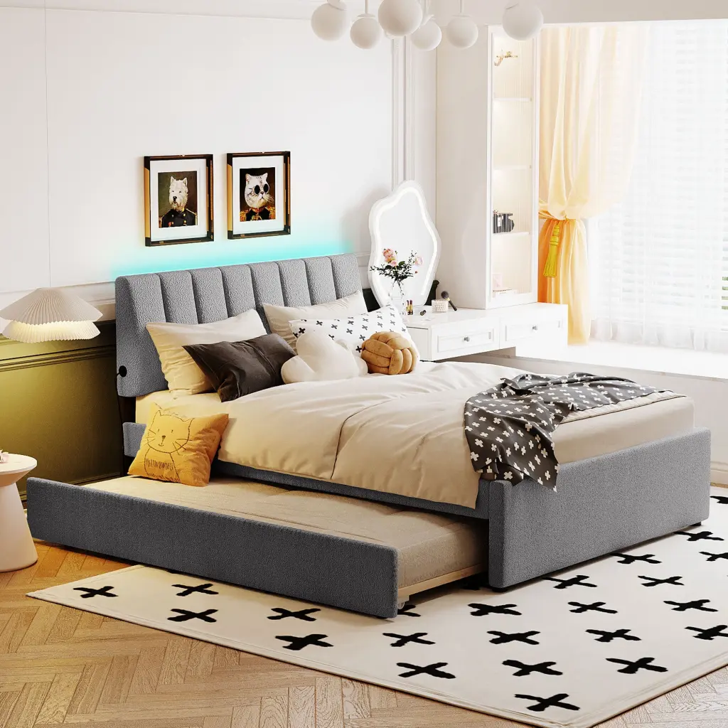 Teddy Fleece Full Size Upholstered Platform Bed Trundle Gray lucky world