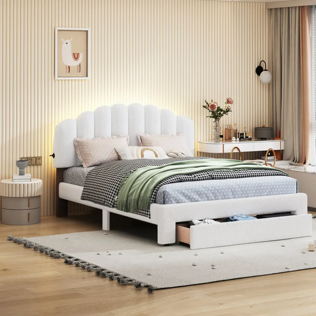Teddy Fleece Queen Size Upholstered Platform Bed Drawer White lucky world
