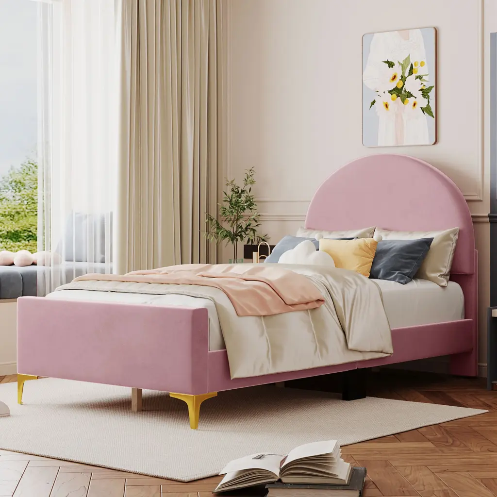 Twin Dimensions Upholstered Platform Bed Classic Semi Circle Shaped Headboard lucky world
