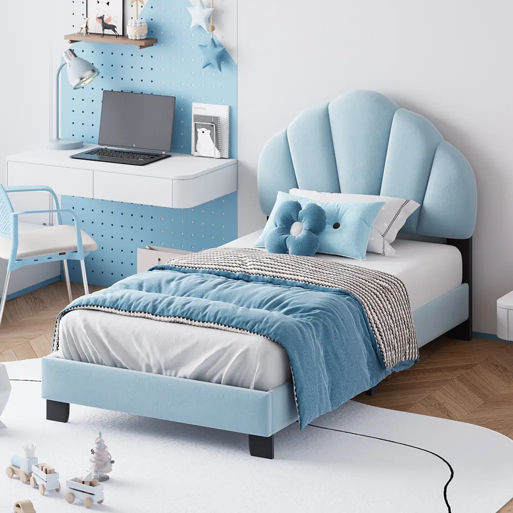 Twin Dimensions Upholstered Velvet Platform Bed Shell Shaped Headboard lucky world