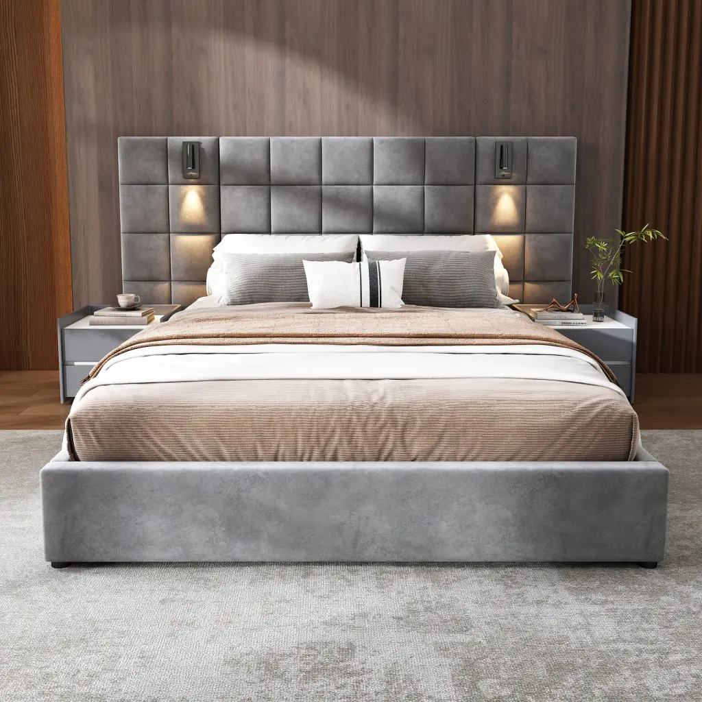 Upholstered Queen Bed Reading Lamp And USB Port Wide Headboard nh-an