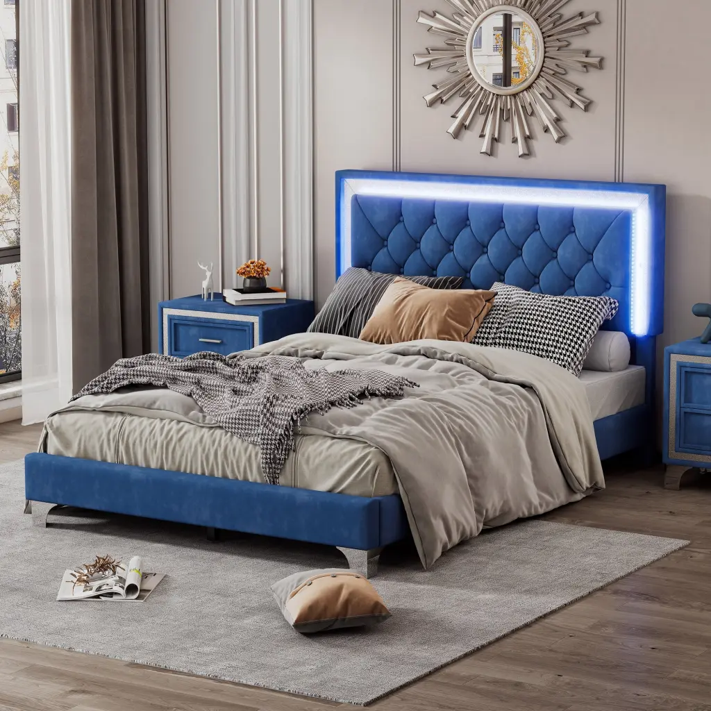 Full Dimensions Upholstered Bed Frame LED Lights Modern Velvet Platform Bed rnb