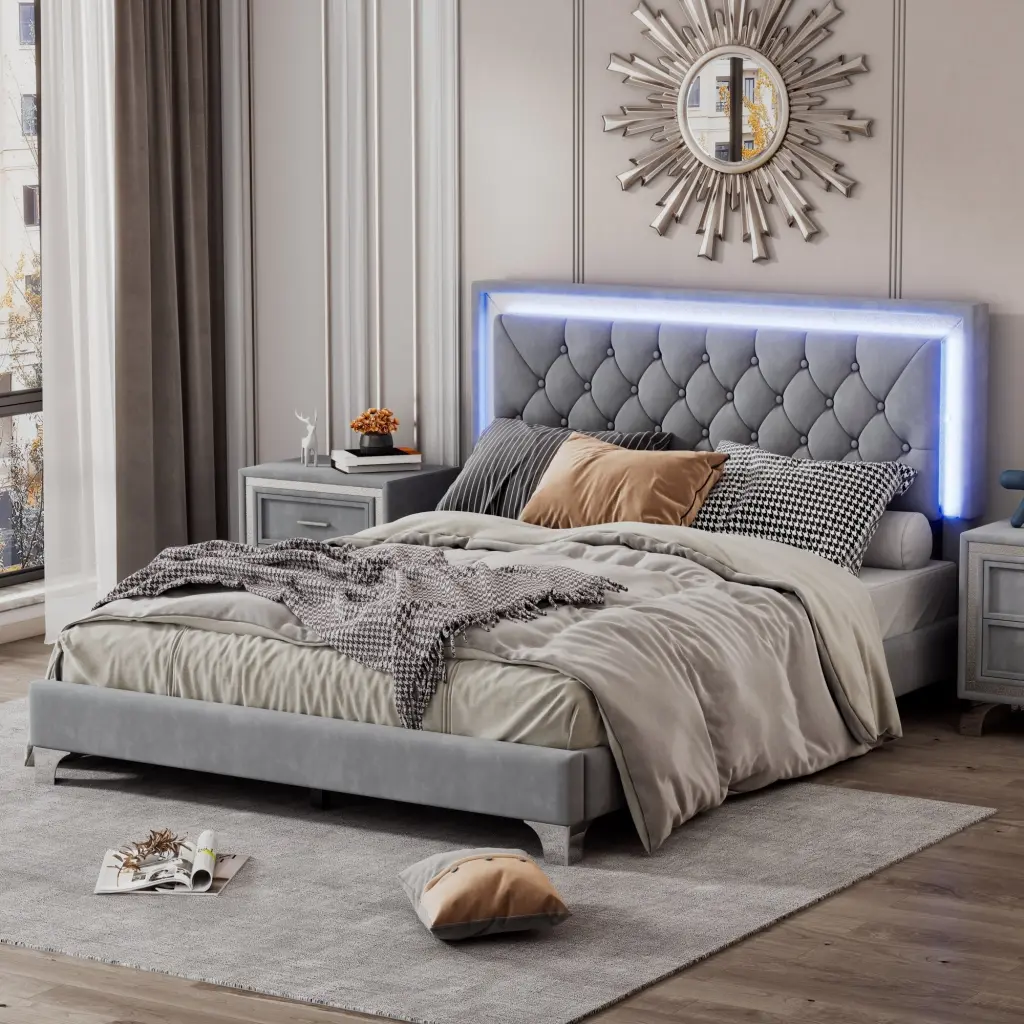 Queen Size Upholstered Bed Frame LED Lights - Modern Velvet Platform Bed rnb