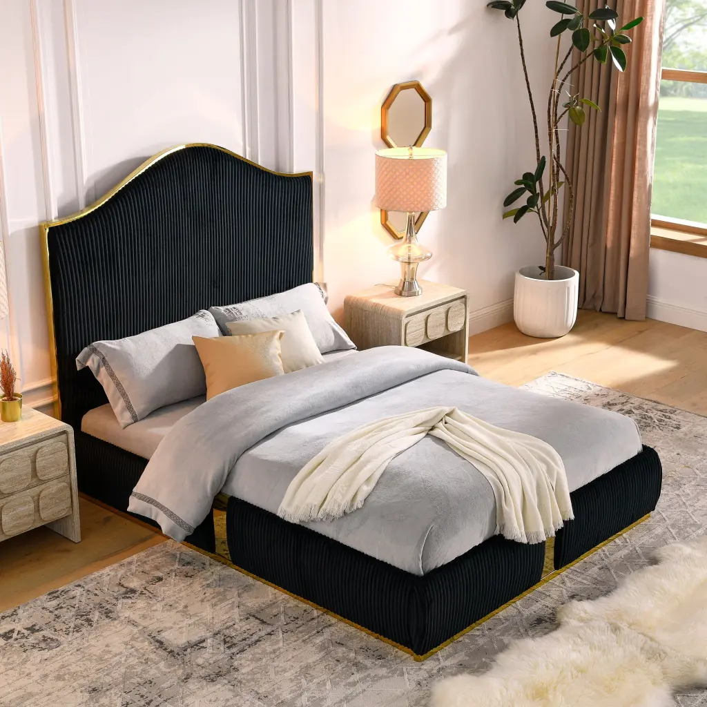 Corduroy Upholstered Queen Bed Frame 59.5 Inch Tall Headboard royal star