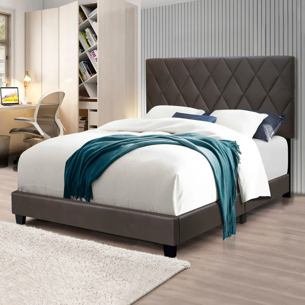 Brown Queen Size Customizable Upholstered Bed Frame Stain Resistant PVC serene home