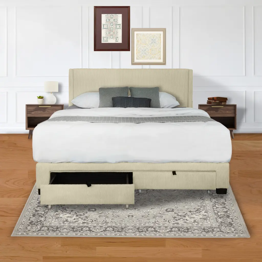 Corduroy Velvet Queen Upholstered Bed Frame Footboard Storage Drawers serene home