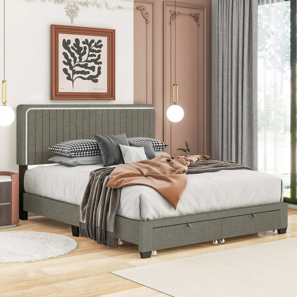Queen Upholstered Bed Customizable Height Bedding 10 to 14 Inches serene home
