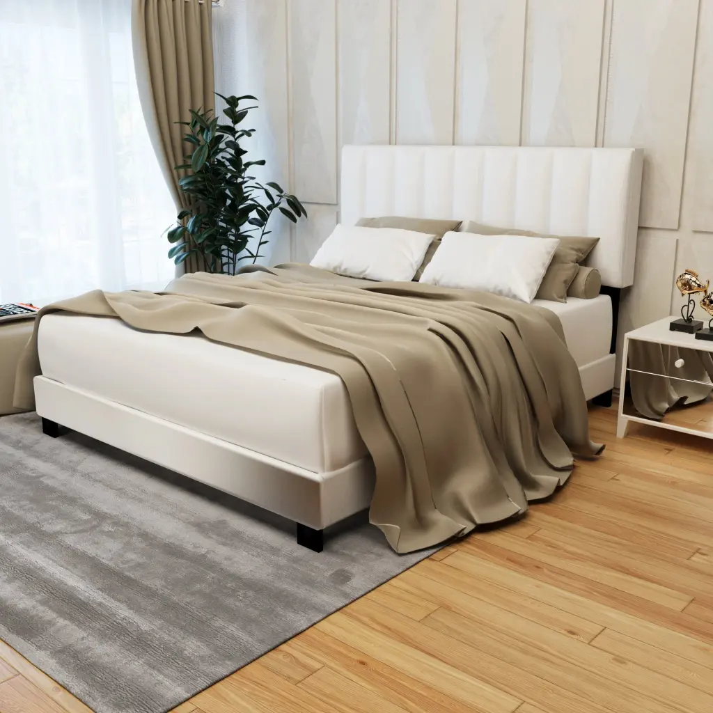White Queen Upholstered Bed Frame Customizable Headboard Chenille Fabric serene home