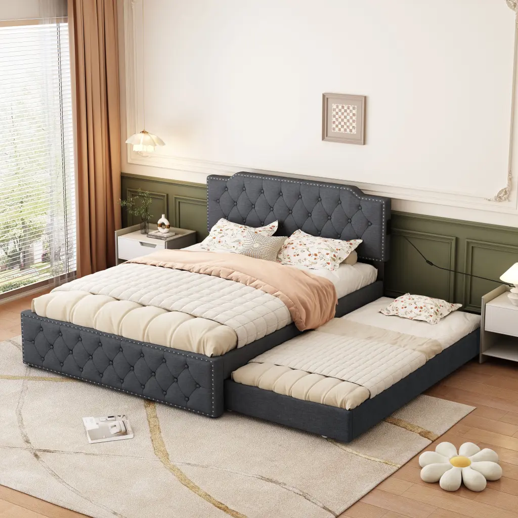 Queen Upholstered Platform Bed Twin Trundle and USB Ports Modern Bedrooms vinnas
