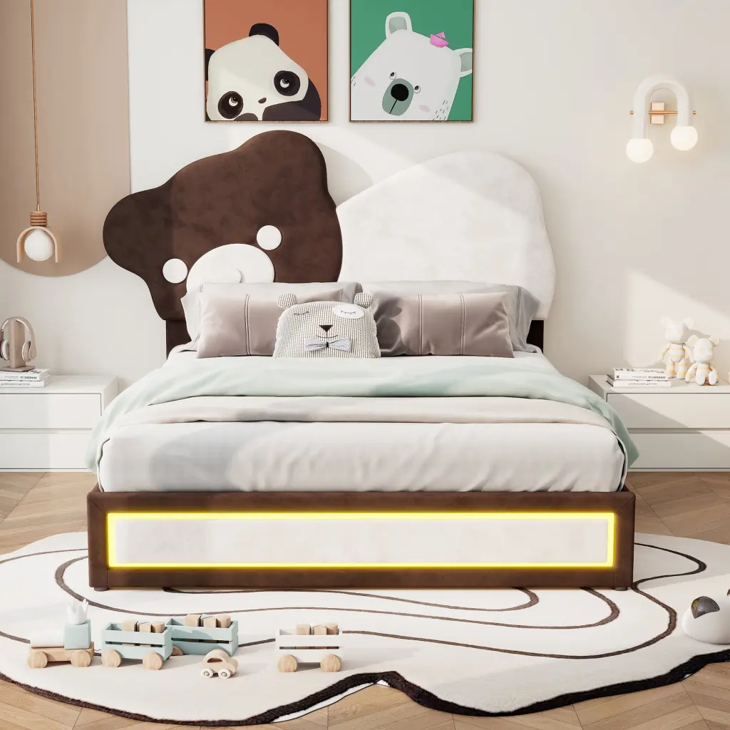 Full Dimensions Upholstered Platform Bed Bear Shaped Headboard and LED Lights wm dreamland