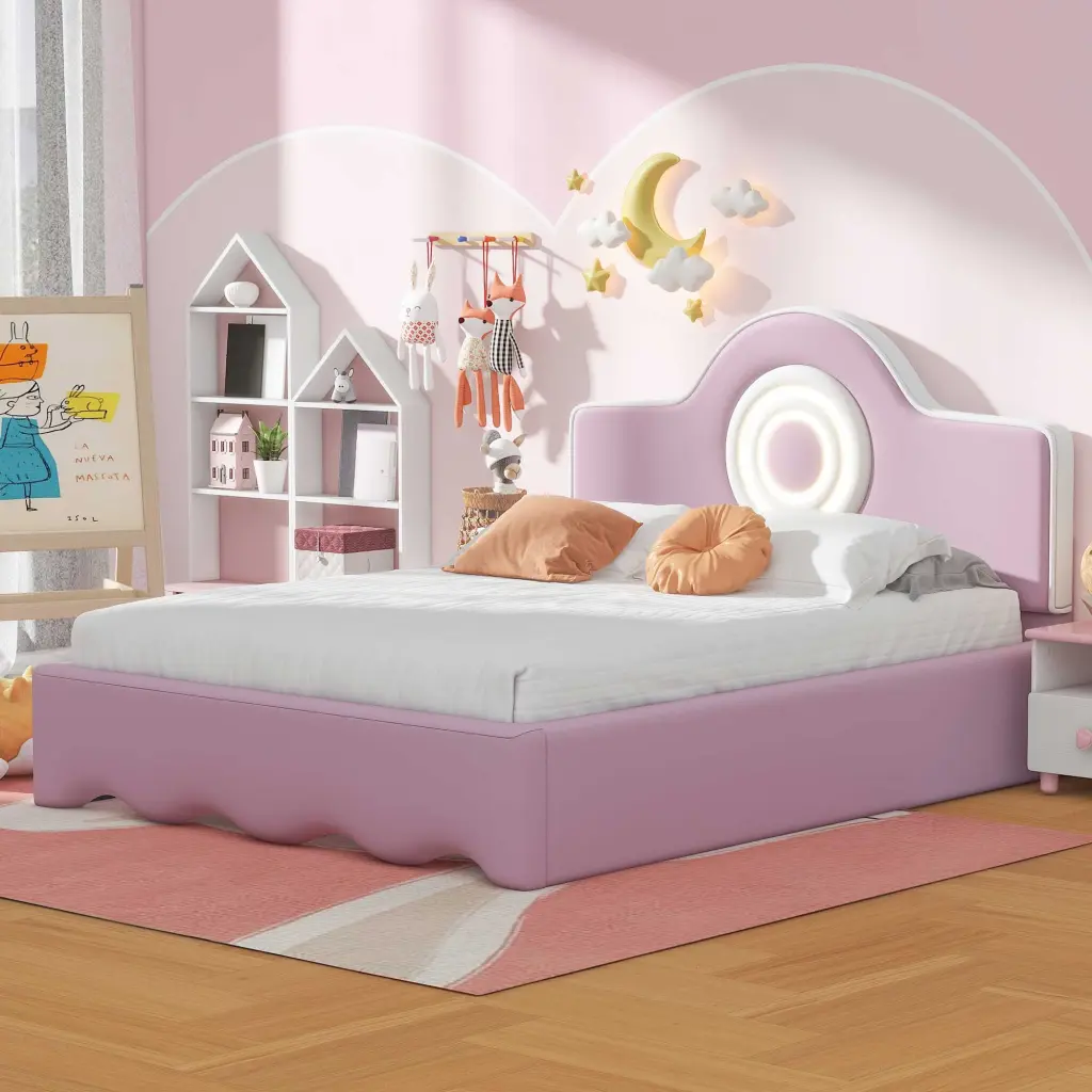 Full Dimensions Upholstered Platform Bed LED Headboard and Pink Box Spring wm dreamland