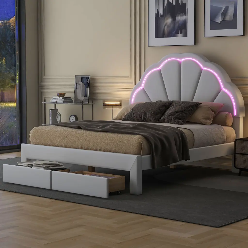 Full Dimensions Upholstered Platform Bed Seashell Influenced Headboard And LED Lighting wm dreamland