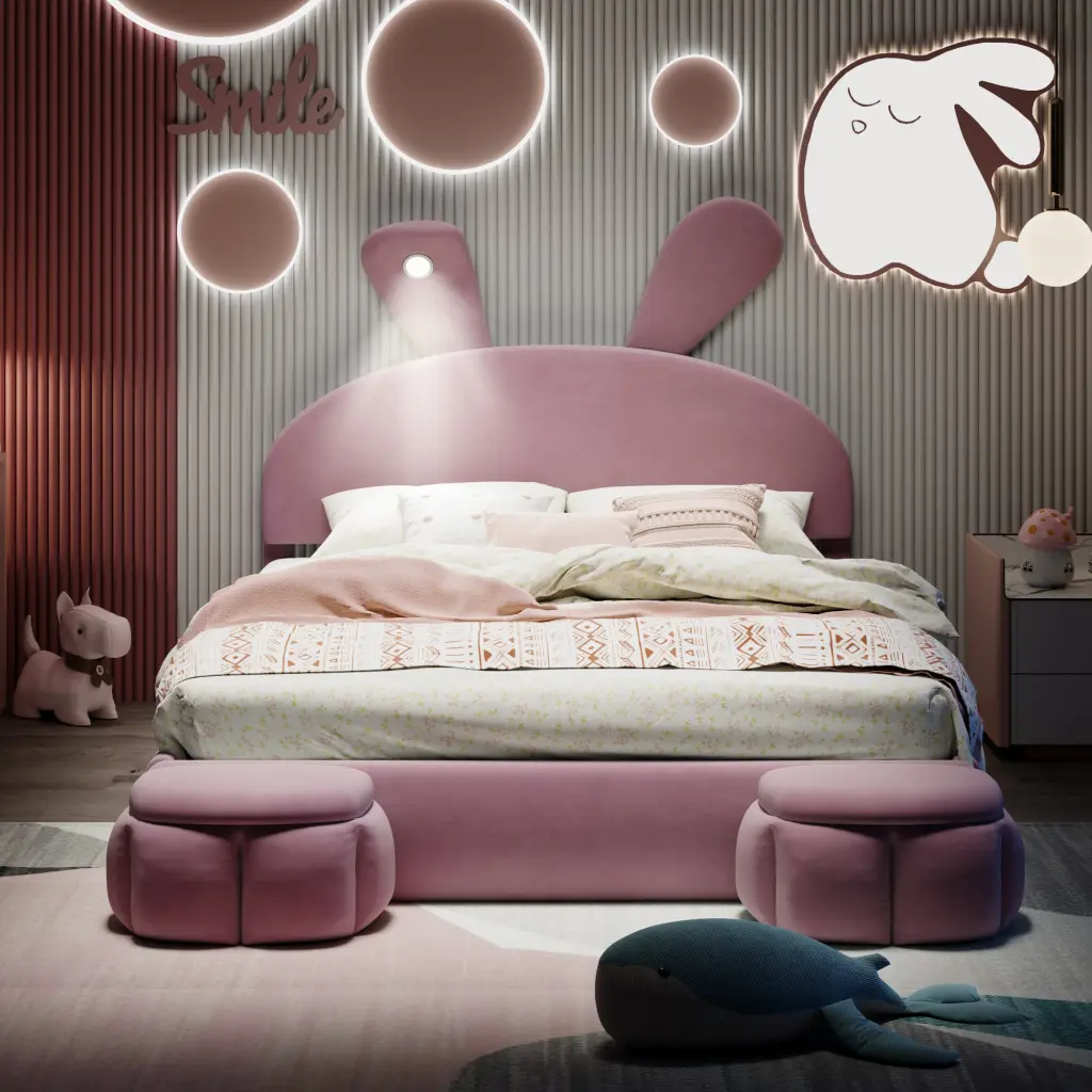 Full Dimensions Upholstered Platform Bed Shopping Basket Ears Shaped Headboard wm dreamland