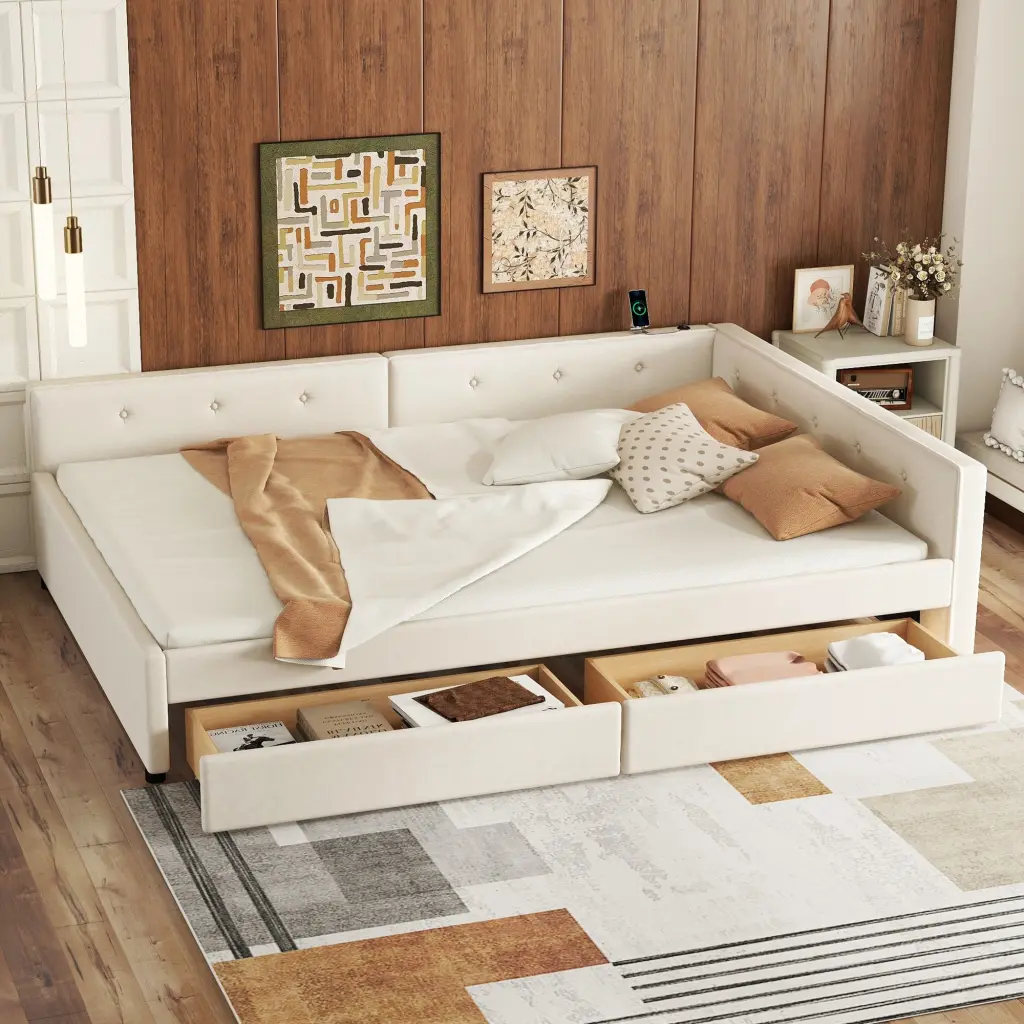 Full Size Upholstered Platform Bed USB Ports and 2 Drawers Beige Box Style wm dreamland