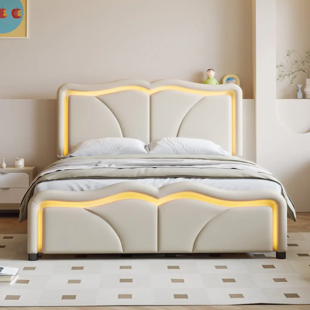 Full Upholstered Platform Bed Curve Influenced Design And Height Adjustable wm dreamland