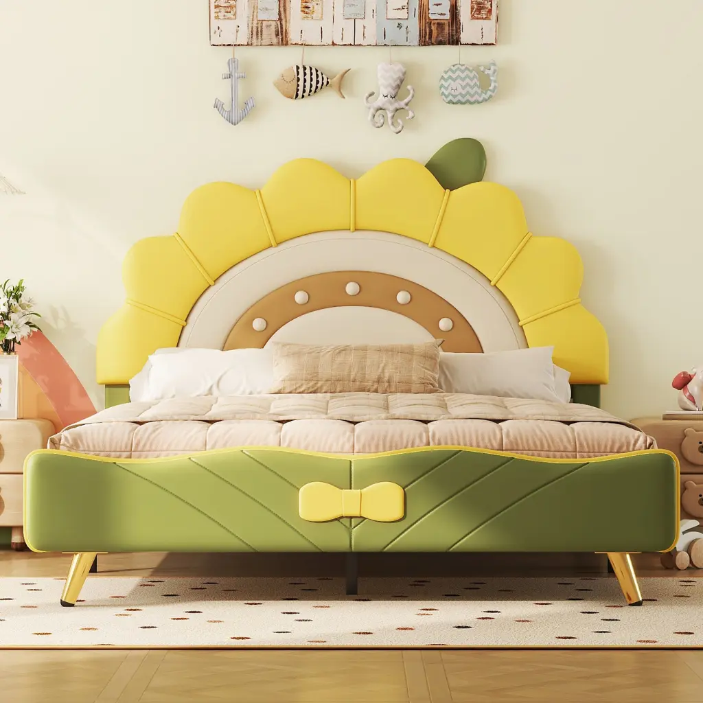 Full Upholstered Platform Bed Sunflower Shaped Headboard Green wm dreamland