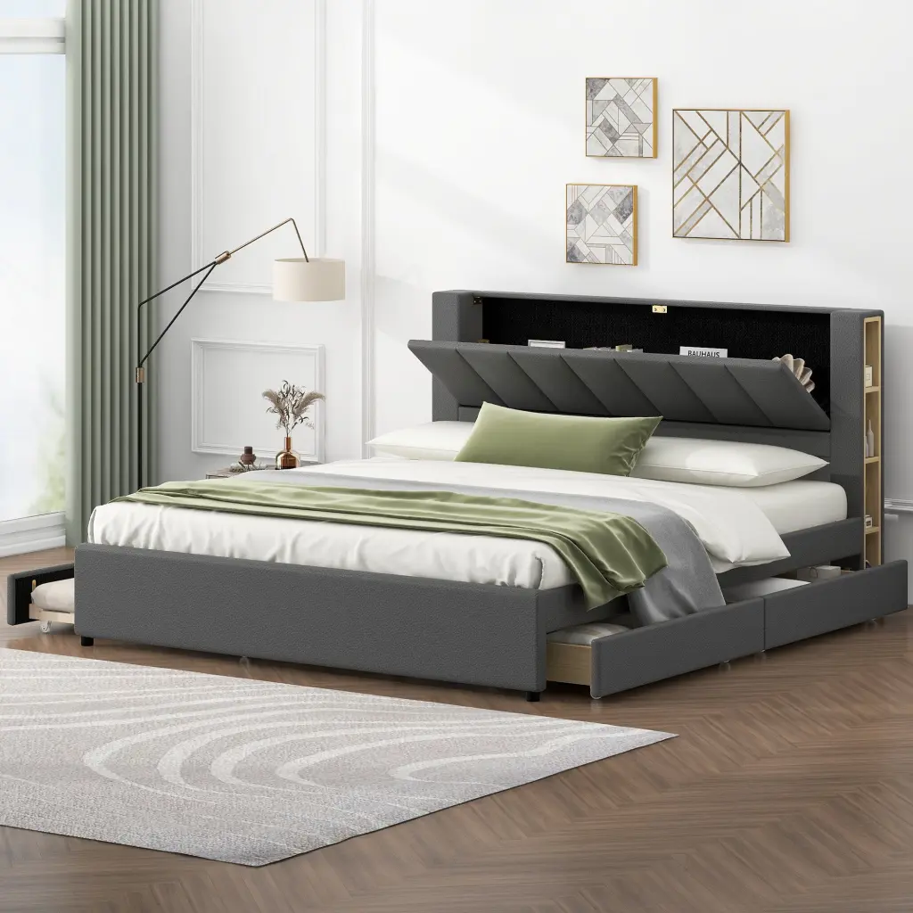 King Size Upholstered Platform Bed Storage Headboard 2 Drawers wm dreamland