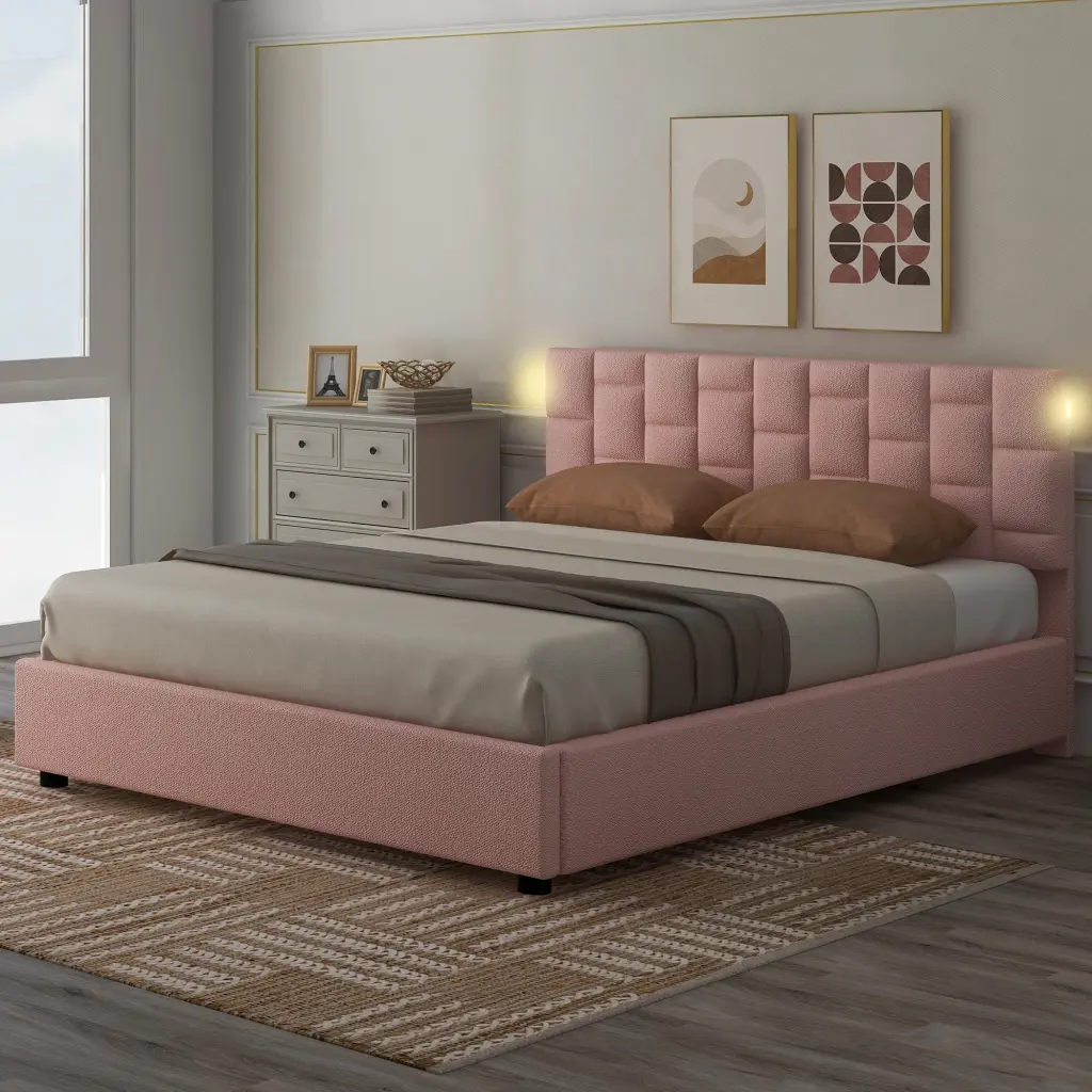Queen Dimensions Upholstered Platform Bed Height Customizable Headboard wm dreamland
