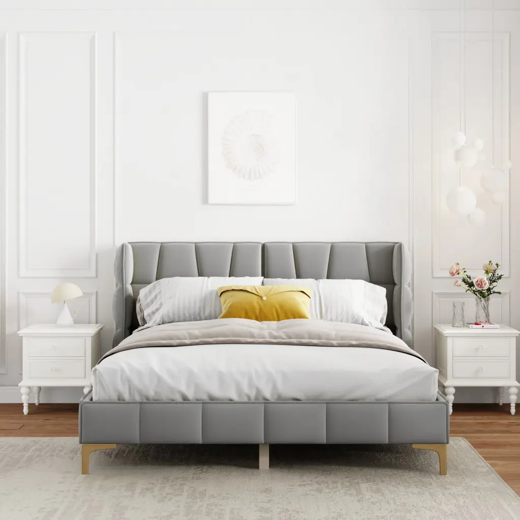 Queen Dimensions Upholstered Velvet Platform Bed Gray No Box Spring Required wm dreamland