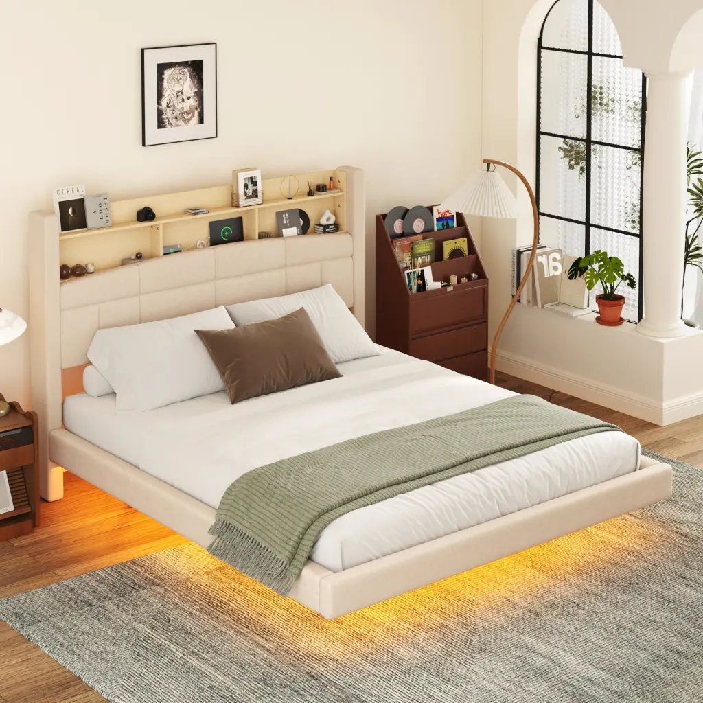 Queen Upholstered Floating Bed LED Storage Headboard Beige wm dreamland