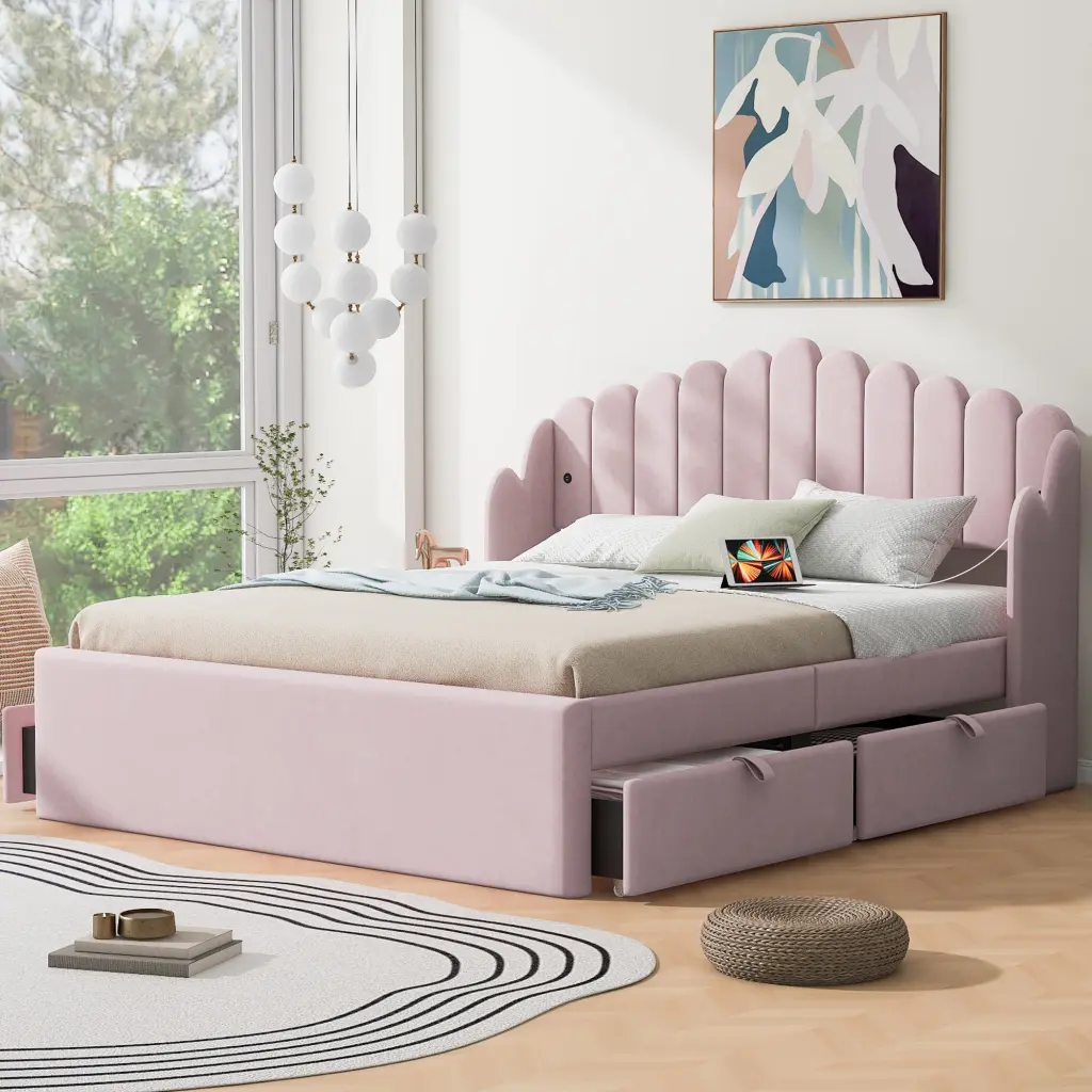 Queen Upholstered Platform Bed 4 Drawers 2 USB Ports Pink wm dreamland