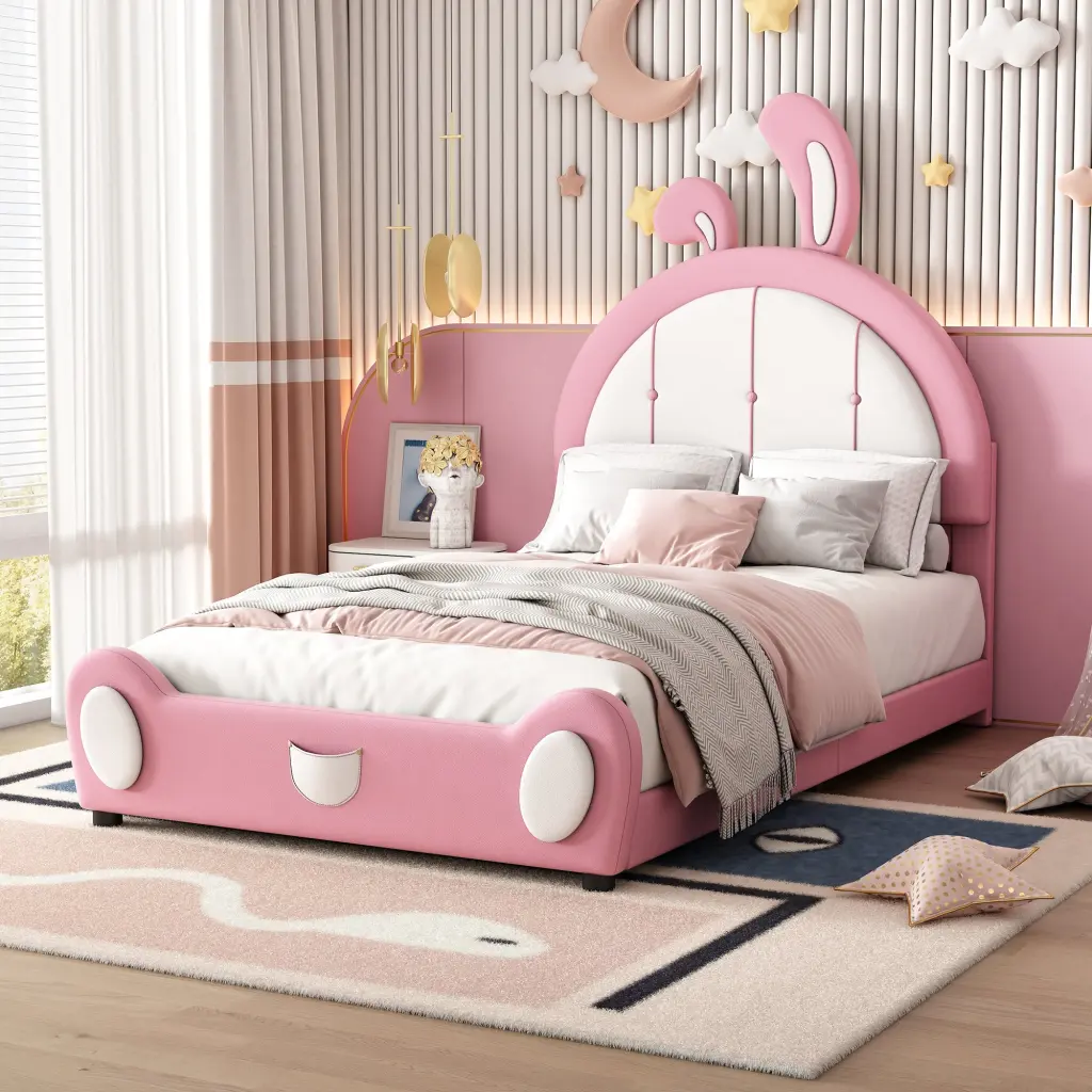 Twin Dimensions Upholstered Platform Bed Rabbit Shaped Headboard Pink wm dreamland