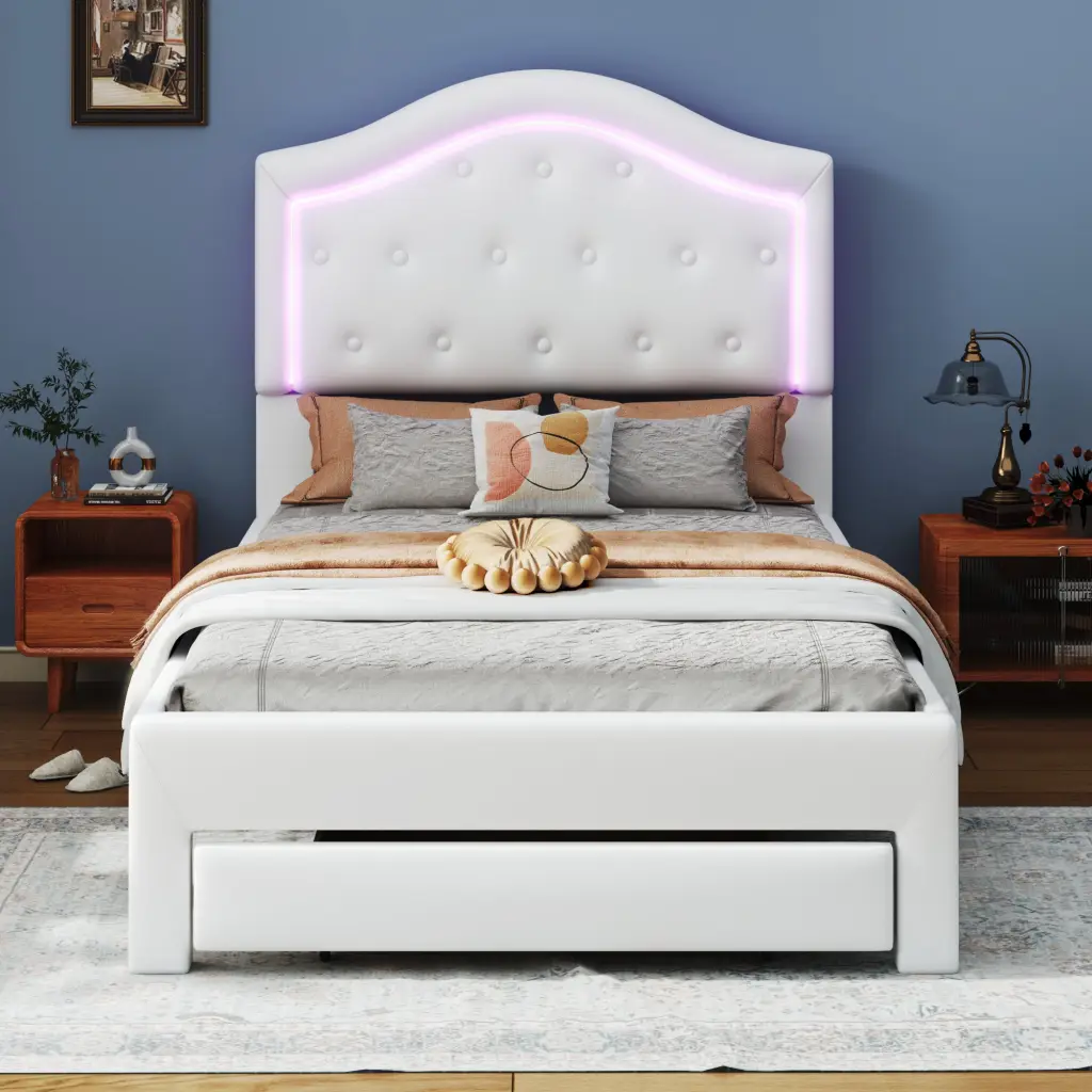 Twin Dimensions Upholstered Platform Bed Tufted Headboard and LED Lights wm dreamland