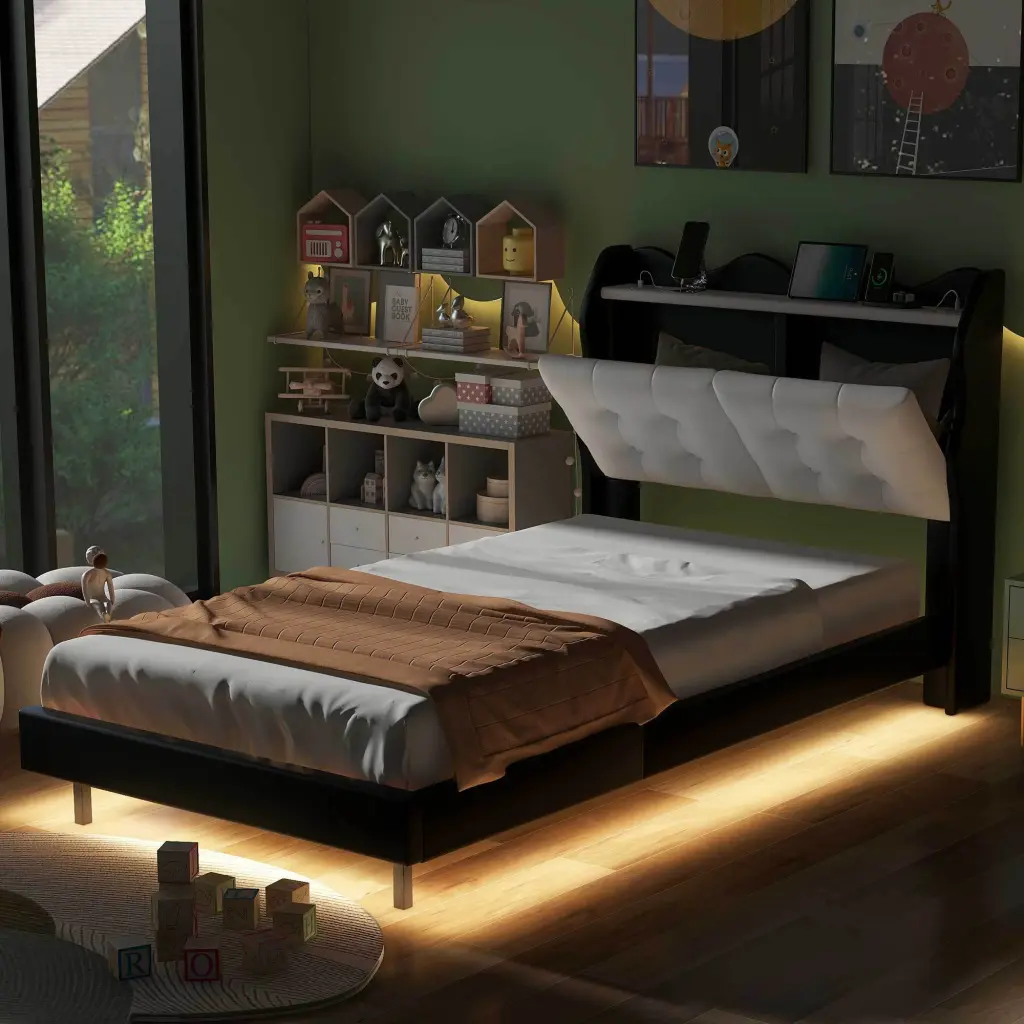 Twin Size Upholstered Platform Bed Frame LED Light Strips Headboard wm dreamland