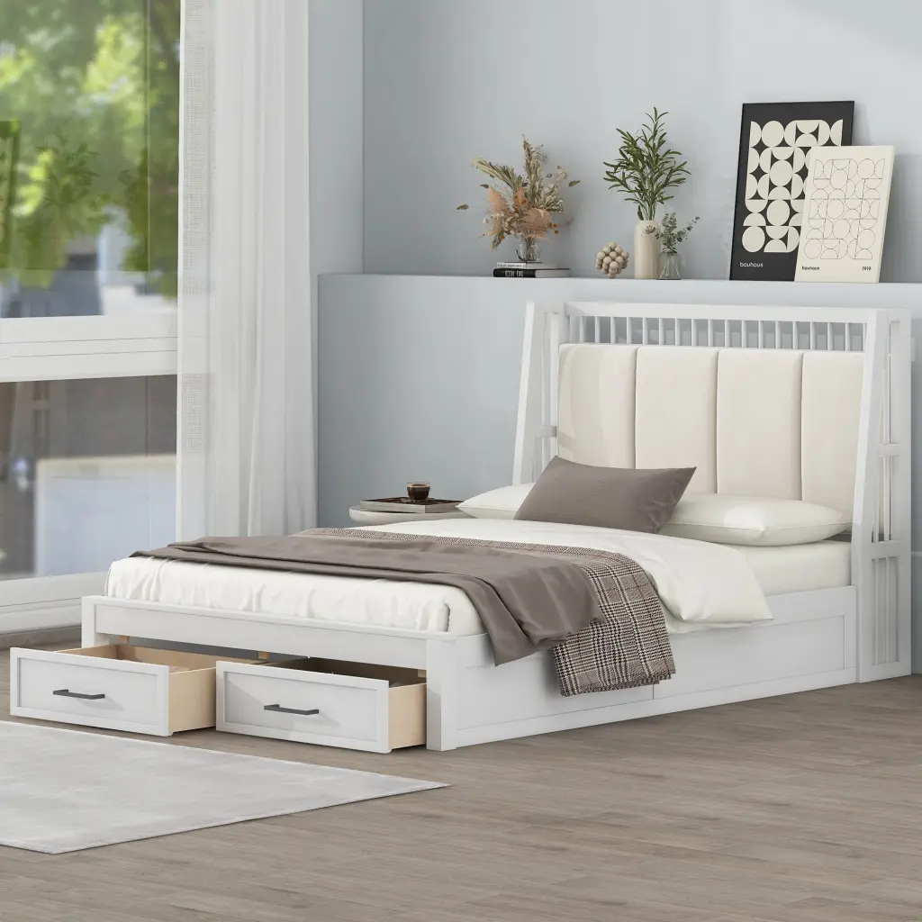 Full Dimensions Wood Platform Bed Upholstered Headboard And 2 Drawers wm store