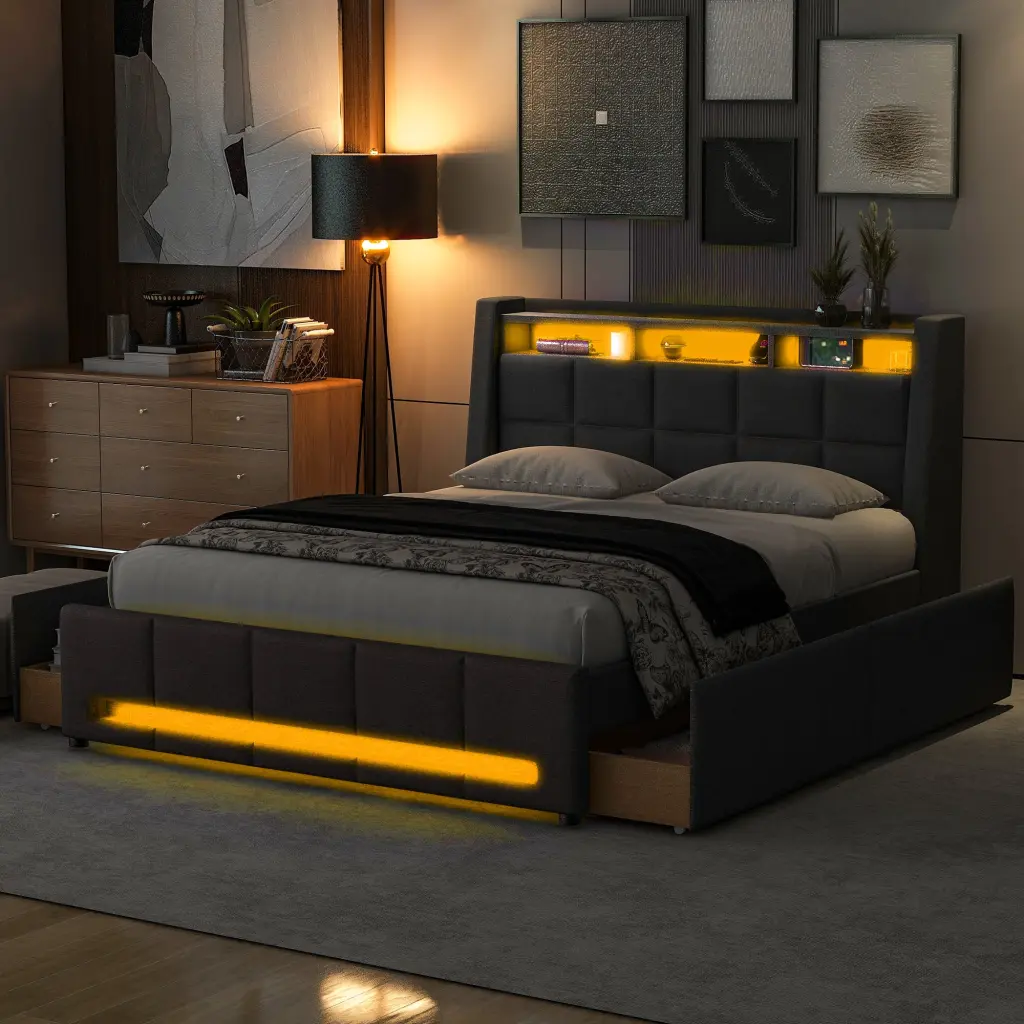 Full Size Upholstered Platform Bed Storage Headboard LED USB Charging wm store