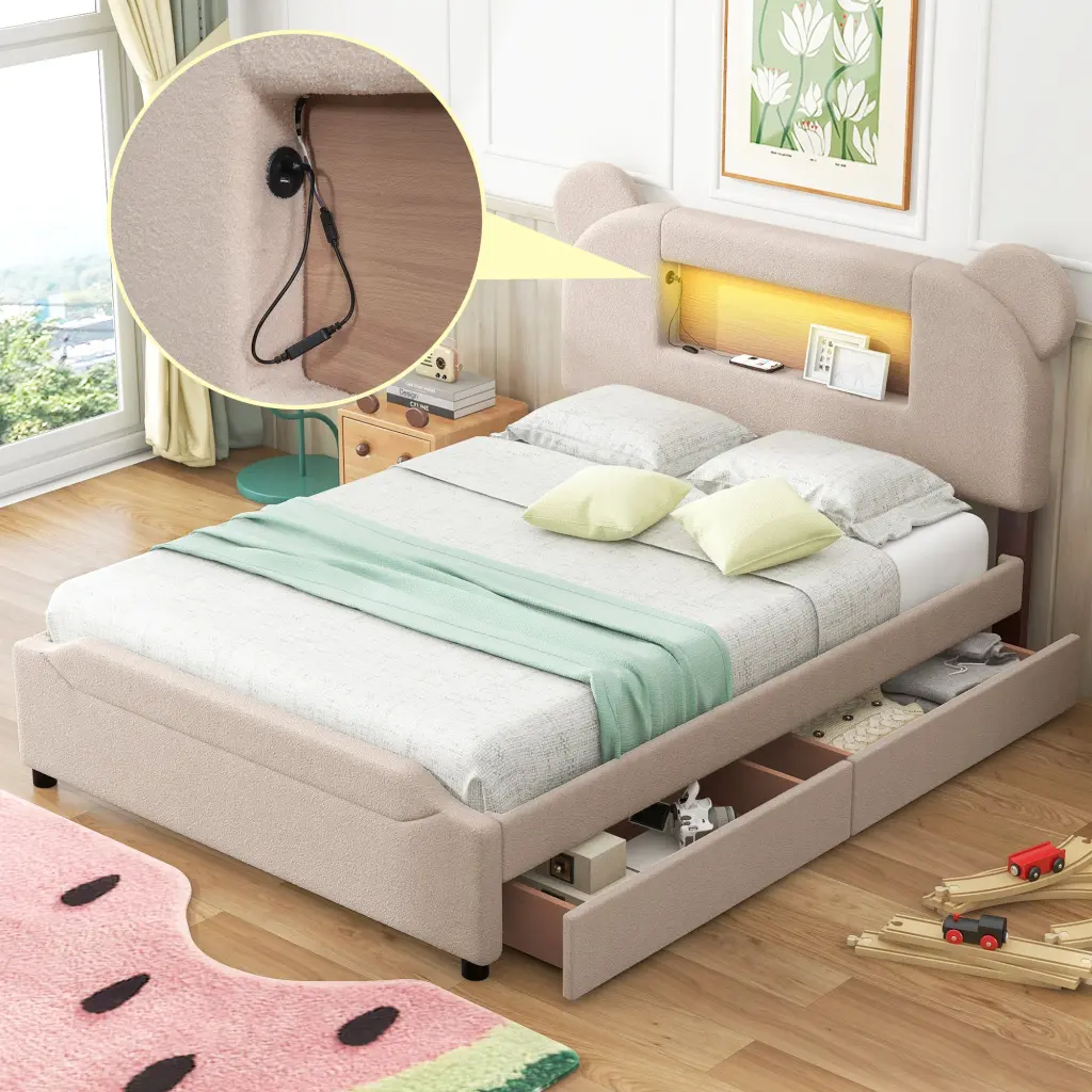 Full Size Upholstered Storage Platform Bed Basket Design Headboard wm store
