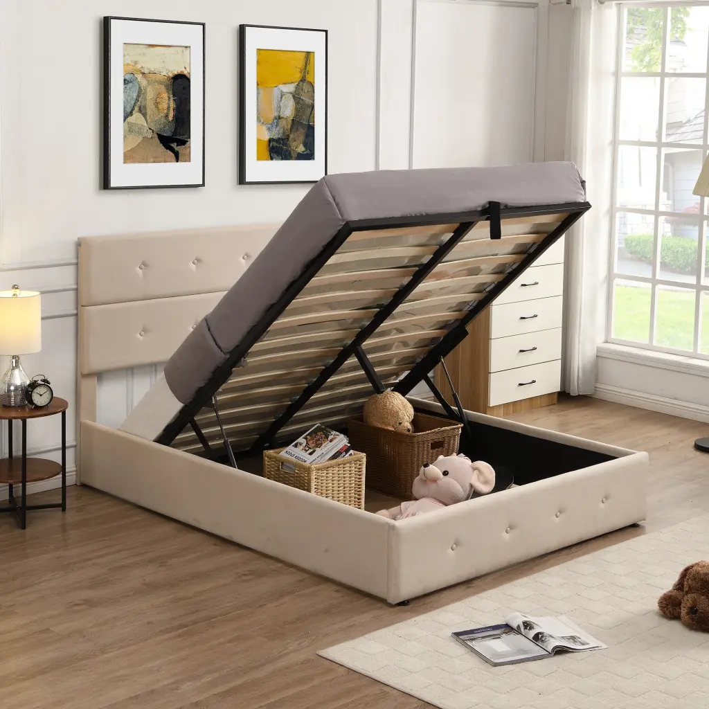 Upholstered Platform Bed Full Size Underneath Storage Beige wm store