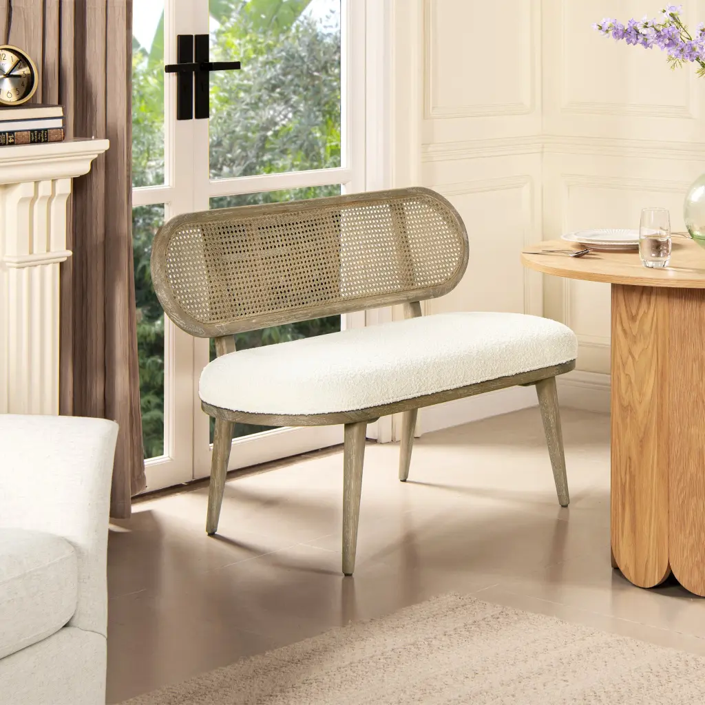 Havana 42 Inch Cane Rattan Upholstered Bench Settee Ivory White Boucle jennifer taylor home