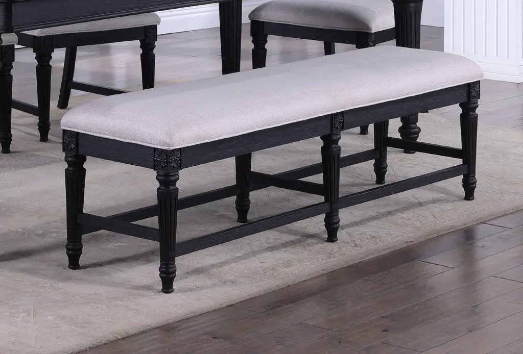 Beautiful Traditional Dark Brown Finish Bench Gray Upholstery and Carved Details kanepe