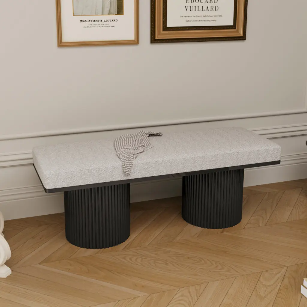 Upholstered Bench Black Chunky Legs Light Grey Boucle Material Contemporary Design rnb