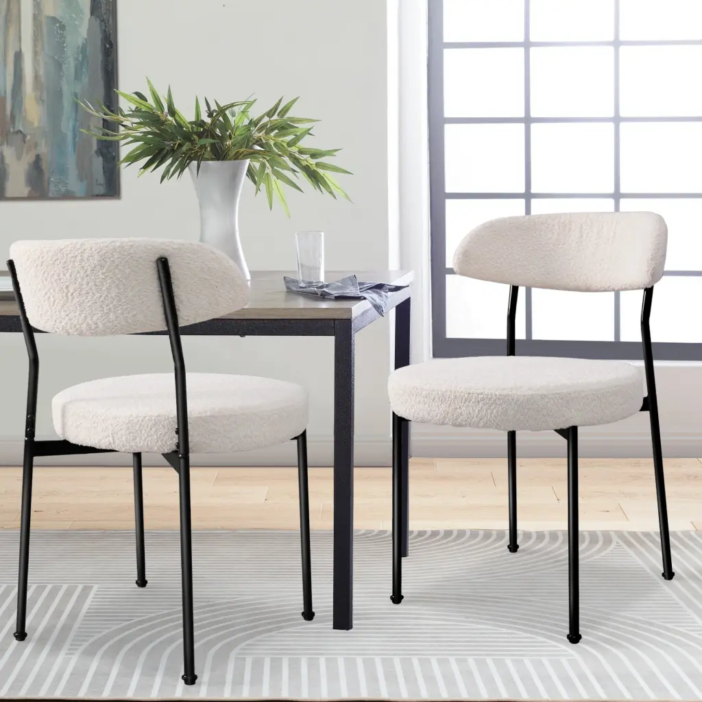 Boucle Upholstered Dining Chairs Curved Backrest & Metallic Legs Set 4 rnb