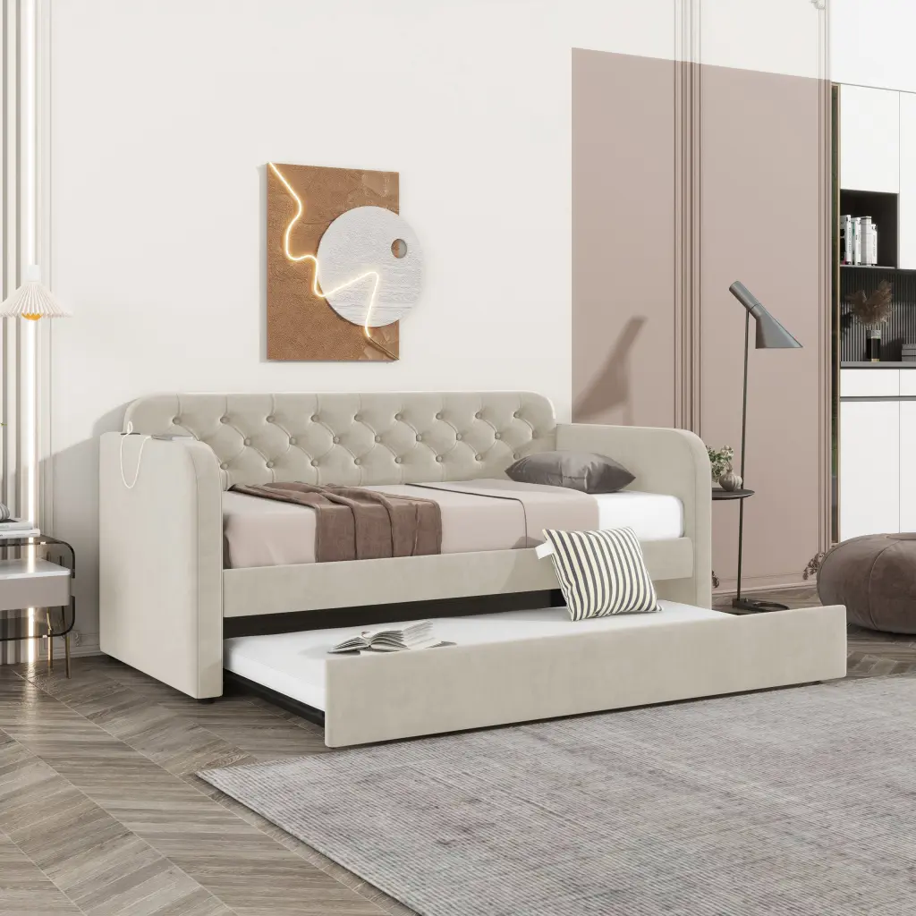Twin Size Upholstered Daybed Trundle and USB Charging Design Velvet bedepot