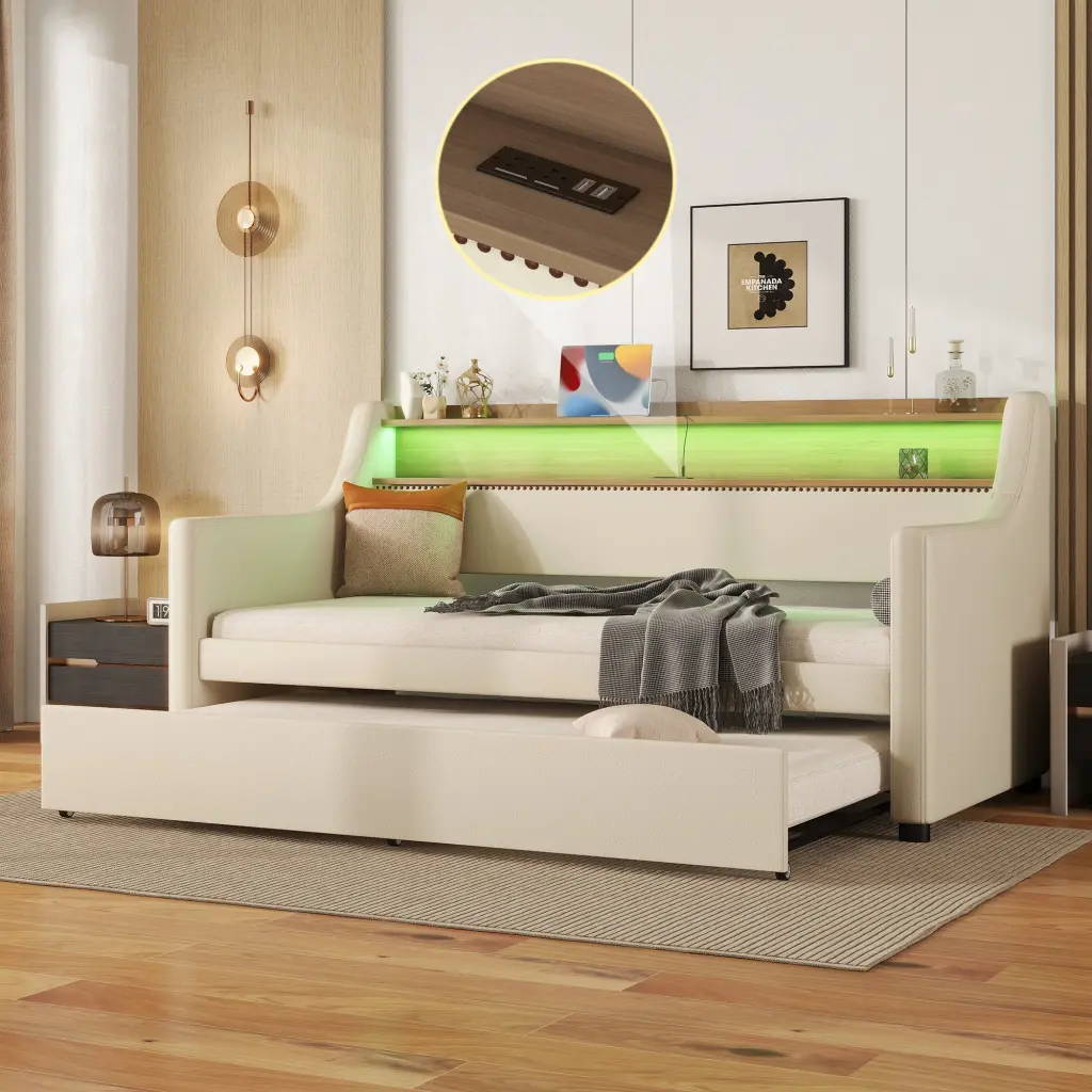 Twin Dimensions Daybed Trundle Upholstered and Charging Station bonwell