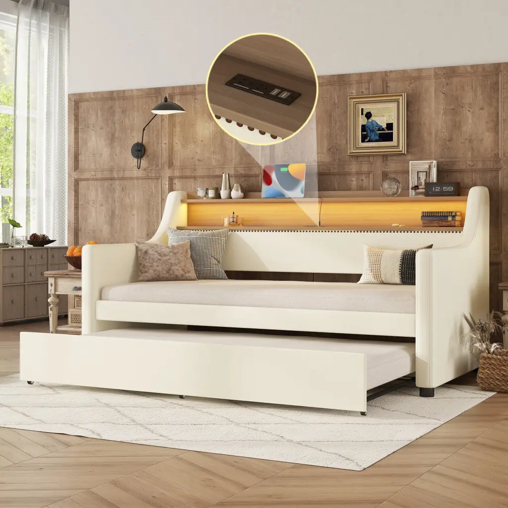 Twin Size Upholstered Daybed Trundle and Charging Station bonwell