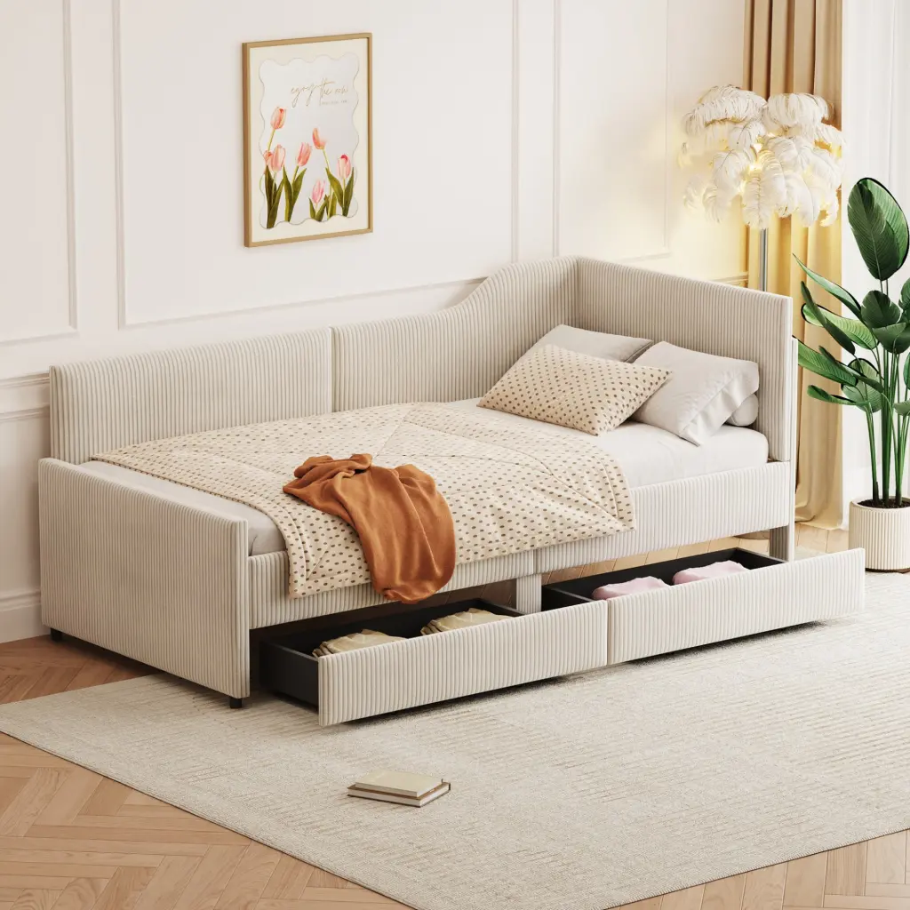 Twin Size L Influenced Corduroy Daybed Upholstered Bed Frame and Storage homey life